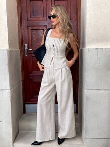 SHEIN Essnce Summer Women's Linen Suit Solid Color Minimalist Style Elegant Casual Commuter Suit Female - Apricot - View 8