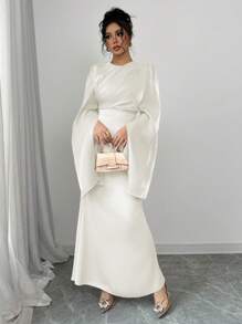 Rafferiza Women's Elegant Gathered Waist Fishtail Hem Cocktail Dress With Flare Sleeves, Shiny Fabric, Autumn/Winter Maxi Women Outfit Fall Cloth For Women - Apricot - View 4