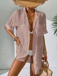 SHEIN Swim 女士简约纯色短袖和服罩衫，夏季海滩女士沙滩罩衫女士长袖衬衫沙滩衬衫 - 藕粉色 - 查看 6