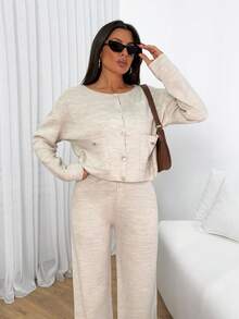 RueChic 2pcs Casual Floral Button-Up Cardigan And Pants Set - Beige - View 3