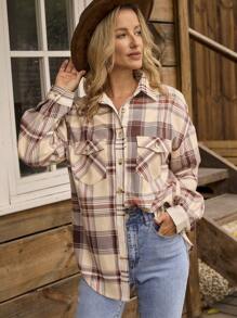 LanaWest 女式纽扣格子衬衫，带口袋，长袖，简约西式风格 - 彩色 - 查看 1