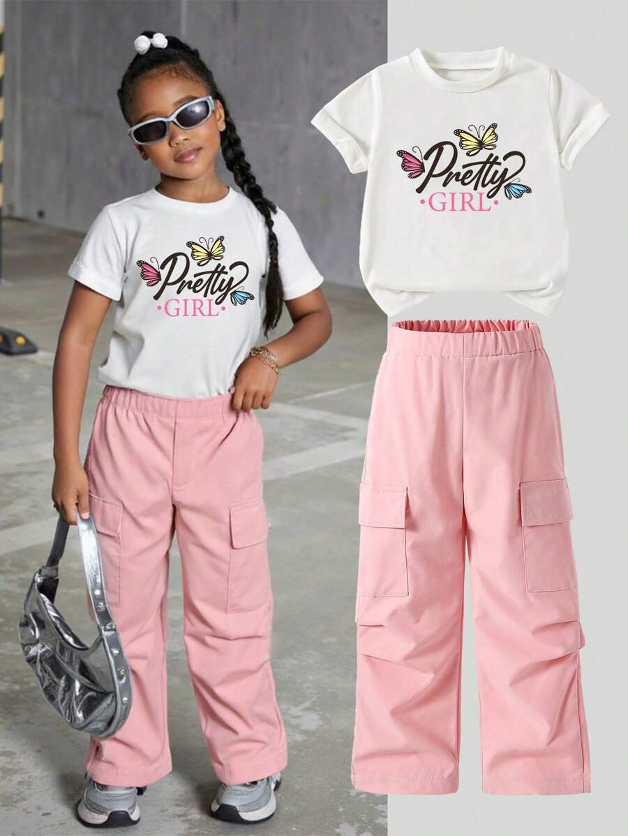 SHEIN 年轻女孩字母与蝴蝶印花短袖 T 恤和工装裤休闲 2 件套 - 粉色 - 查看 1
