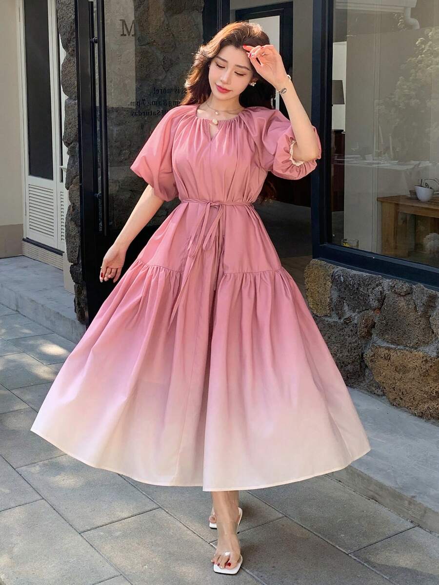 DAZY 渐变色褶皱腰带女式中长连衣裙，休闲女式连衣裙 - 粉色 - 查看 1