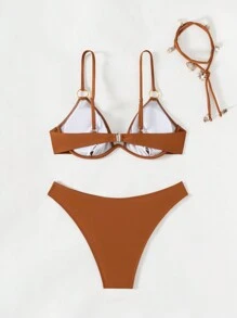 Women Solid Color Tankini Swimsuits With Halter Top, Padded Triangle Bikini With Shell Pendant Chain, Sexy Beach Holiday Pool Party Swimwear, Summer - Burnt Orange - View 3