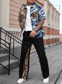 Manfinity LEGND Conjunto de camisa de manga corta y pantalones con estampado de camuflaje y color de contraste para hombre