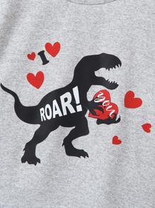 SHEIN Young Boy Heart & Dinosaur Print Round Neck Casual Short Sleeve T-Shirt - Grey - View 7