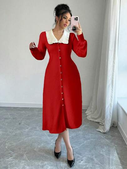 Chiquease New Elegant Floral Splicing Color-Blocking Midi Fitted Empire Waist Puff Sleeve Knitted Sweater Dress For Women Fall Cloth For Women