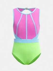 SHEIN 青少年女孩无袖拼接紧身露背连体衣，专业训练体操舞蹈服紧身衣 - 彩色 - 查看 5