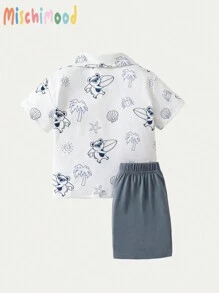 男婴蓝色熊印花短袖上衣和纯蓝色短裤 2 件套服装 - 白色 - 查看 2