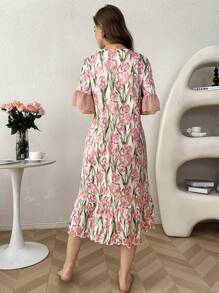 CottageSlumber Contrast Color Block Ruffle Hem Short Sleeve Floral Print Maxi Nightgown Babydoll Perfect Summer, Moo Moo - Multicolor - View 3