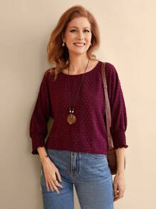 EMERY ROSE Women's Casual Solid Color Jacquard Bat Wing Shirt, Spring/Summer - Burgundy - View 5