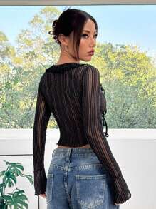 SHEIN EZwear Blusa de mujer con malla brillante y cordones delanteros