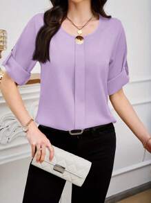 SHEIN Clasi 女士休闲简约时尚通勤衬衫 - 淡紫色 - 查看 4