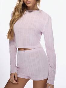 MISSGUIDED Ensemble deux pièces de Top court à manches longues en tricot ajouré et short taille haute. Coordonné côtelé douillet pour la détente en hiver. Tenue de détente et de nuit - Prune - Voir 3