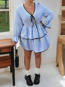 Calvaya Vestido de estilo vintage con volantes y rayas para tallas grandes - Azul y blanco - Ver 3