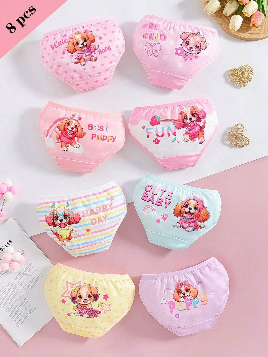 Young Girl 8pcs/Pack Cute Puppy Print Comfortable Soft Breathable Briefs Underwear