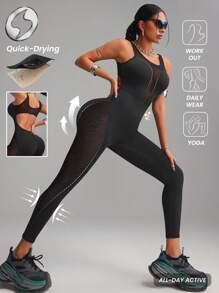 Innovista Women Activewear Backless Sports Jumpsuit, Breathable Mesh Cut Out & High Elastic Dry Fit Gym Jumpsuit, Butt-Lifting, Sculpting Shape Wear, Bodycon, Fitness Jumpsuit & Overall, Edgy & Unique Stylish Tracksuit, Yoga, Pilates, Running, Cardio, Strength, Cycle, Bike, Outdoor, Hike, Camping, Trail, Volleyball, Going Out, Dance, Athleisure, Music Festival, Party, Black, Spring, Valentine - Black - View 6