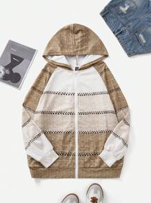 SHEIN LUNE Knitted Gradient Color Floral Pattern Zip-Up Hooded Cardigan Jacket Plus Size - Brown - View 1
