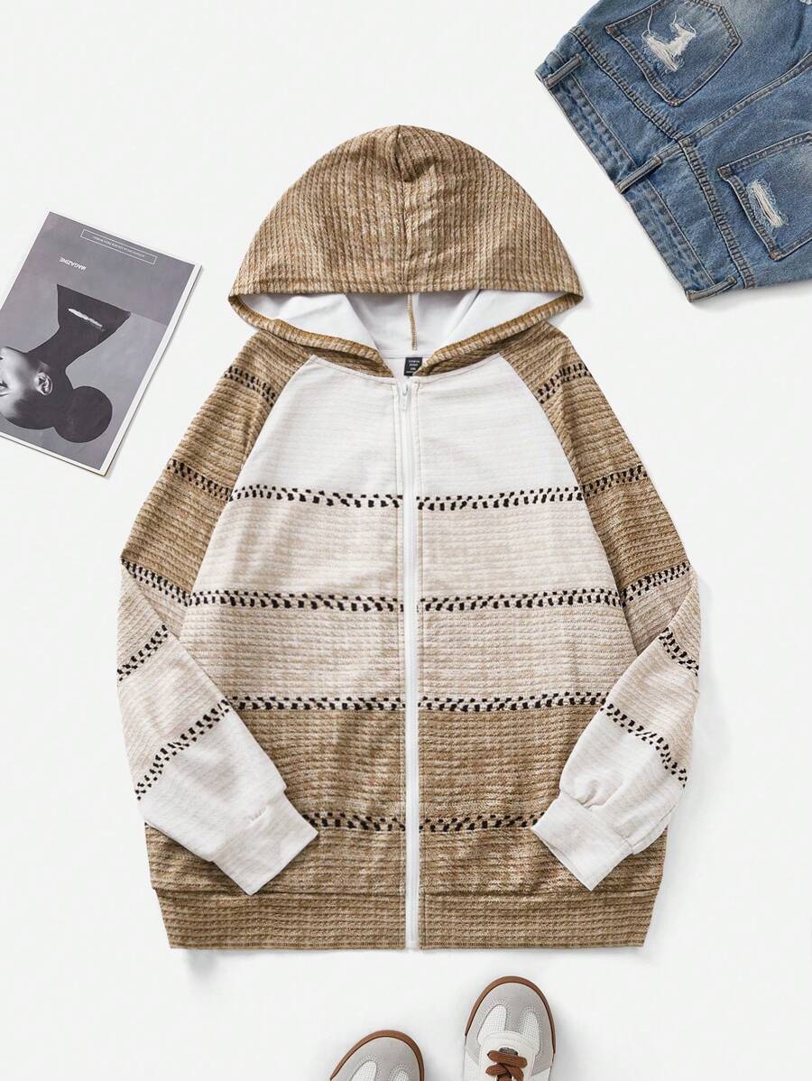 SHEIN LUNE Knitted Gradient Color Floral Pattern Zip-Up Hooded Cardigan Jacket Plus Size - Brown - View 1