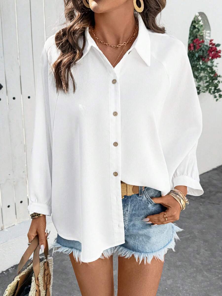 SHEIN LUNE Loose Bat Wing Women's Shirt, Minimalist & Fashionable Casual Everyday Wear - White - View 1