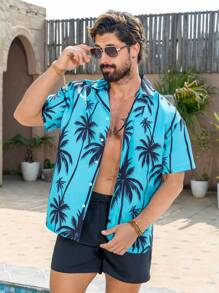 Manfinity Swimmode Men's Coconut Tree Printed Short Sleeve Shirt And Shorts Beach Suit Set Man Swim Trunks - Mint Green - View 1