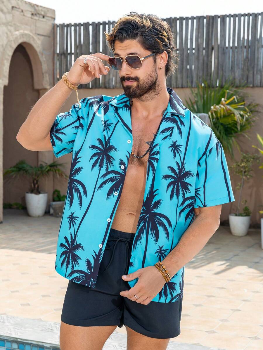 Manfinity Swimmode Men's Coconut Tree Printed Short Sleeve Shirt And Shorts Beach Suit Set Man Swim Trunks - Mint Green - View 1