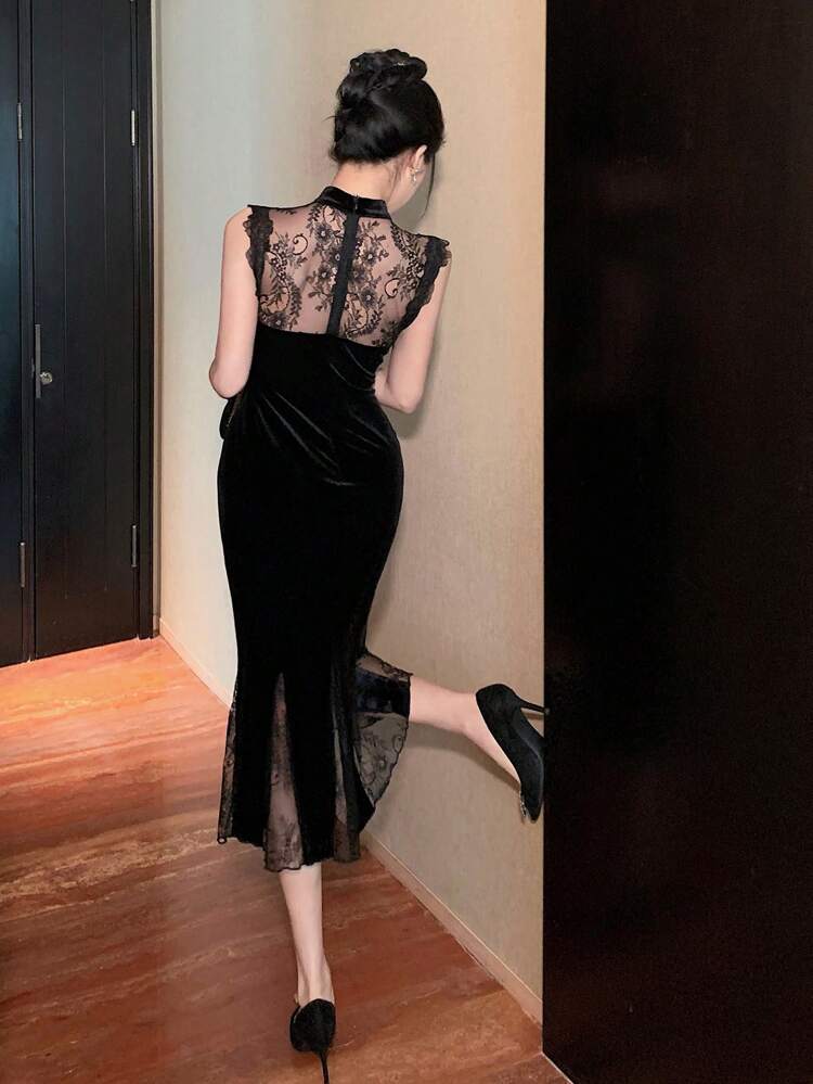 Women's Mid-Long Lace Patchwork Stand Collar Sleeveless Fish Tail Dress Prom Dress Elegant Sundress,Formal Women Dresses New Year Eve Dress Valentine's Day