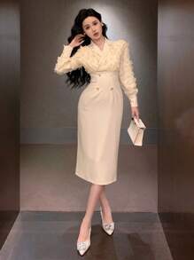 DAZY Cream Autumn Elegent Party Elegant Textured Patchwork Lapel Mid-Calf Dress For Women,Suitable For Spring,Dates,Night Out Prom Long Sleeve Maxi Dress - White - View 7