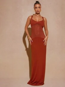Hauture Elegant Black Sheer Mesh Long Dress With Fitted Bodice - Rust Brown - View 1