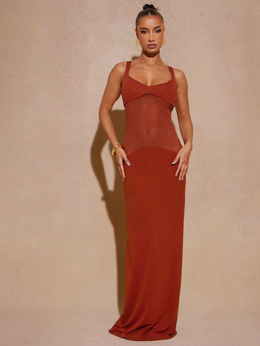 Hauture Elegant Black Sheer Mesh Long Dress With Fitted Bodice - Rust Brown - View 1