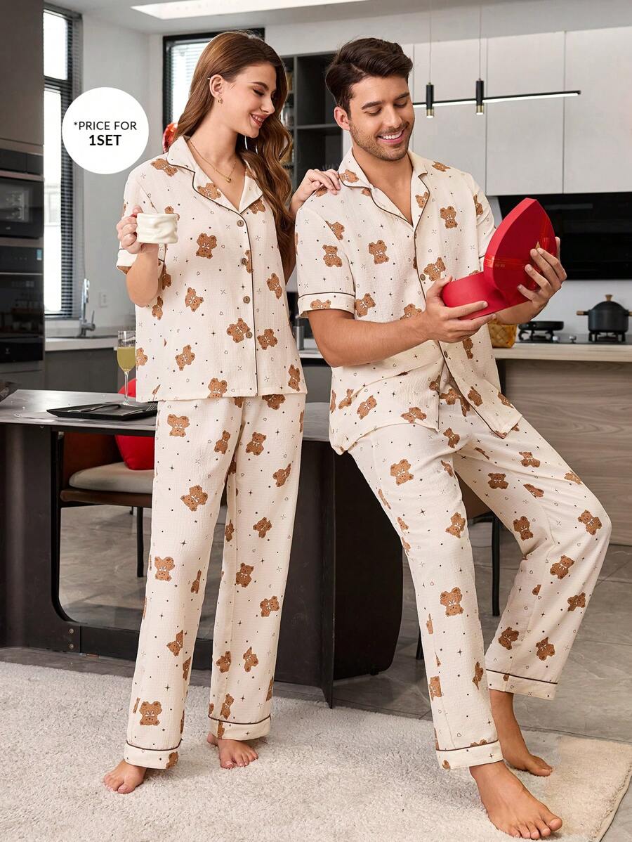 Cartoon Bear Print Men's Sleepwear Set - Apricot - View 1