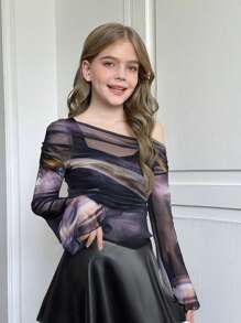 SHEIN Tween Girls Asymmetric One Shoulder Tie Dye Flare Sleeve Mock Layer Long Sleeve T-Shirt - Black - View 6