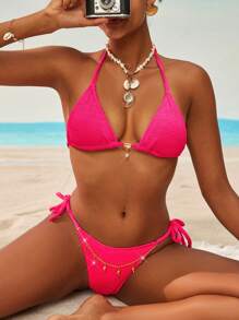 Swim Vcay Women Shell Design Chain Textured Bikini Set Summer - Hot Pink - View 4