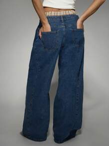 MISSGUIDED 宽松牛仔裤，格纹平角裤腰，宽腿休闲街头牛仔裤，Y2K 时尚潮流下装 - 藍色 - 查看 2