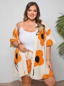 SHEIN CURVE+ 2pcs/Set Plus Size Women Floral Print Kimono Blouse With Tie Waist And Shorts Set Boho Vacation