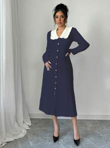 SHEIN Unity 女式时尚花卉蕾丝撞色中长款紧身泡泡袖针织毛衣连衣裙 - 藏蓝色 - 查看 6