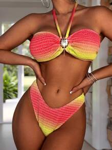 SHEIN Swim 2 Pieces Springbreak Random Digital Print Halter Elegant Minimalist Bikini Set, For Summer Beach Vacation - Multicolor - View 4