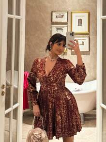Elenzga Vestido plisado elegante con brillo metálico para mujer - Burdeos - Ver 4