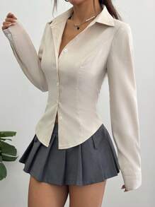 SHEIN Unity Women's Casual Versatile Solid Color Cinched Waist Shirt Fall Cloth For Women - Apricot - View 4