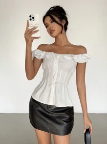 Chiquease Women's Off-Shoulder Ruffle Waist Casual Blouse - White - View 6