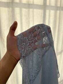 SHEIN Lace Patchwork Sheer Shoulder Open Front Short Sleeve Pajama Set - Baby Blue - View 7