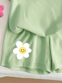 SHEIN Leap Crew 青少年女孩 2 件套休闲短裤和短袖上衣套装，适合夏季 - 綠色 - 查看 3