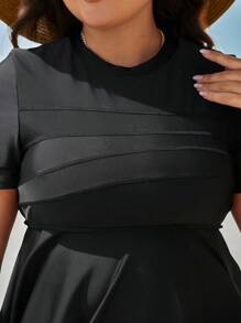 Swim Mulvari Plus Size Solid Color Short Sleeve Burkini Swim Suit Black Two Pieces Set Summer Arabic Clothing - Black - View 3