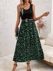 SHEIN Clasi Leopard Print Mid-Length Casual Dress, Minimalist & Fashionable For Daily Wear,Vacation Outfits Women - Green - View 6