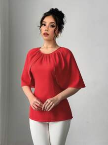 Chiquease Women's Loose Fit Round Neck Fashionable Red Poncho Blouse