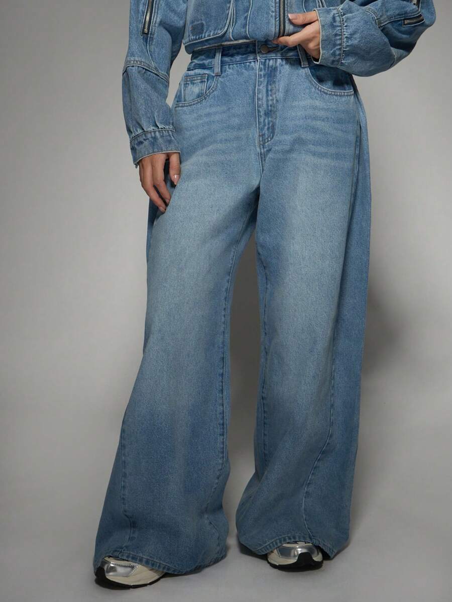 MISSGUIDED 高腰宽松阔腿牛仔裤 Y2K 风格复古宽松街头风经典复古 90 年代时尚休闲阔腿裤 - 藍色 - 查看 1