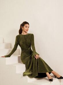 Aveloria Rosie Round Neck Pleated Design Elegant Sophisticated Alluring Satin Material Bell Sleeve Waist Cinched Long Sleeve Dress For Women, Valentines Day Spring Season