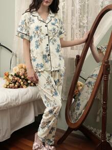 女式花卉印花翻领口袋短袖和长裤睡衣套装 - 彩色 - 查看 5