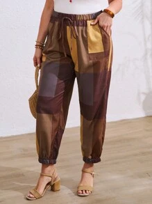 EMERY ROSE 女士休闲编织迷彩印花松紧腰口袋宽松大码夏季长裤 - 棕色 - 查看 3