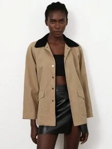 Aveloria Modichic Young Casual Knit Patchwork Collar Metal Button Front Insulated Lining Raglan Sleeve Women Mid-Length Regular Jacket - Khaki - View 1